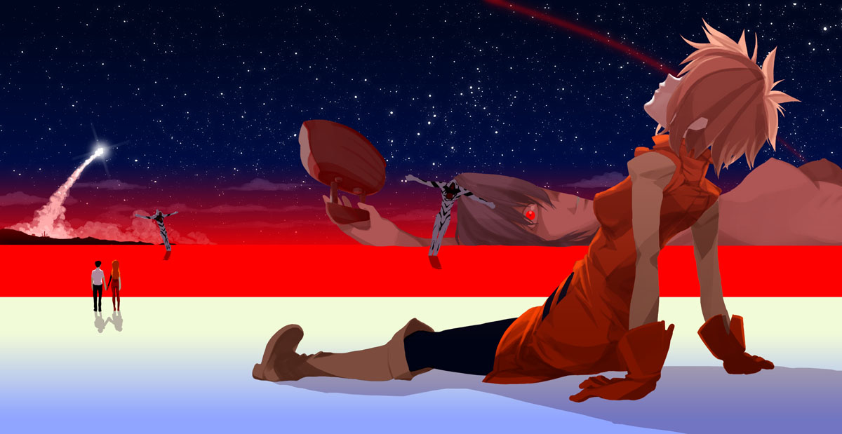 fuwa daisuke, ayanami rei, haruhara haruko, ikari shinji, mass production eva, souryuu asuka langley, flcl, gainax, honneamise no tsubasa, neon genesis evangelion, the end of evangelion, 00s, 1990s (style), 1boy, 2girls, boots, breasts, clothes iron, company connection, crossover, crucifixion, giant, giantess, gloves, huge giantess, impossible clothes, impossible shirt, lcl, mecha pilot suit, medium breasts, multiple girls, nipples, ocean, plugsuit (evangelion), retro artstyle, shirt, space, star (symbol)