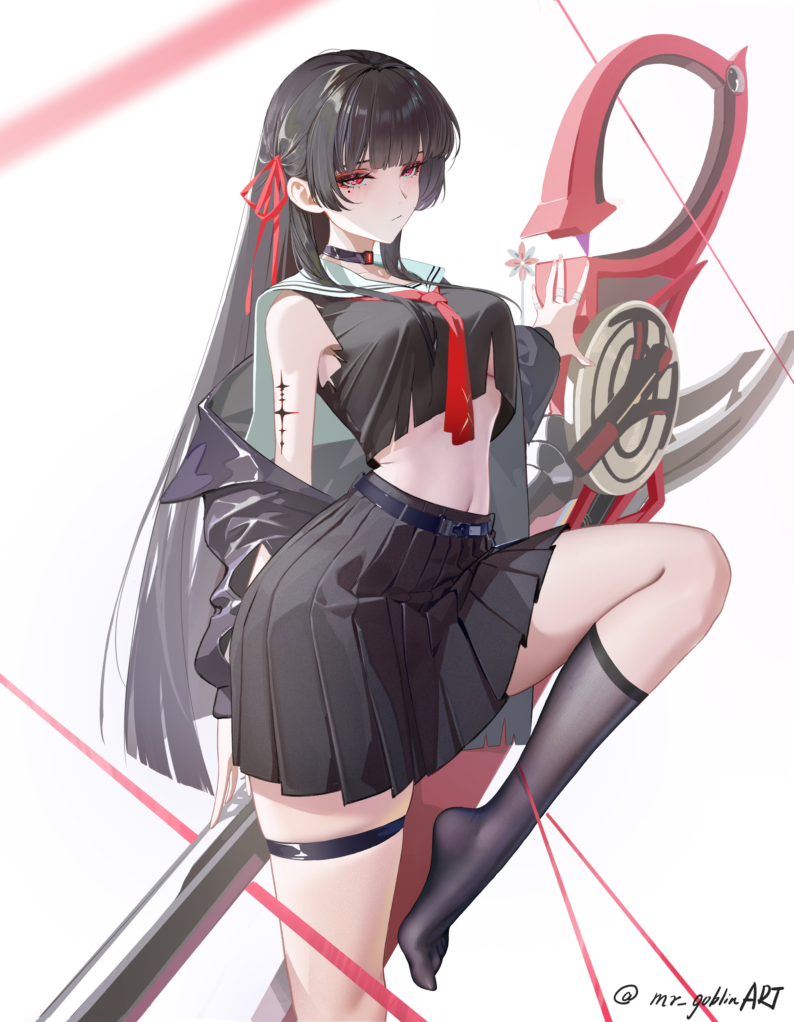 mr goblin, chisa (wuthering waves), wuthering waves, absurdres, commentary, english commentary, highres, 1girl, alternate breast size (larger), black choker, black hair, black jacket, black shirt, black skirt, black socks, breasts, choker, clothes down, crop top, hair ribbon, hand to weapon, jacket, large breasts, leg up, long hair, mole, mole under eye, neckerchief, no shoes, pinwheel, red eyes, red neckerchief, red ribbon, ribbon, sailor collar, shirt, simple background, skirt, socks, solo, stomach, tacet mark (wuthering waves), thigh strap, thighs, twitter username, very long hair, white background, white sailor collar