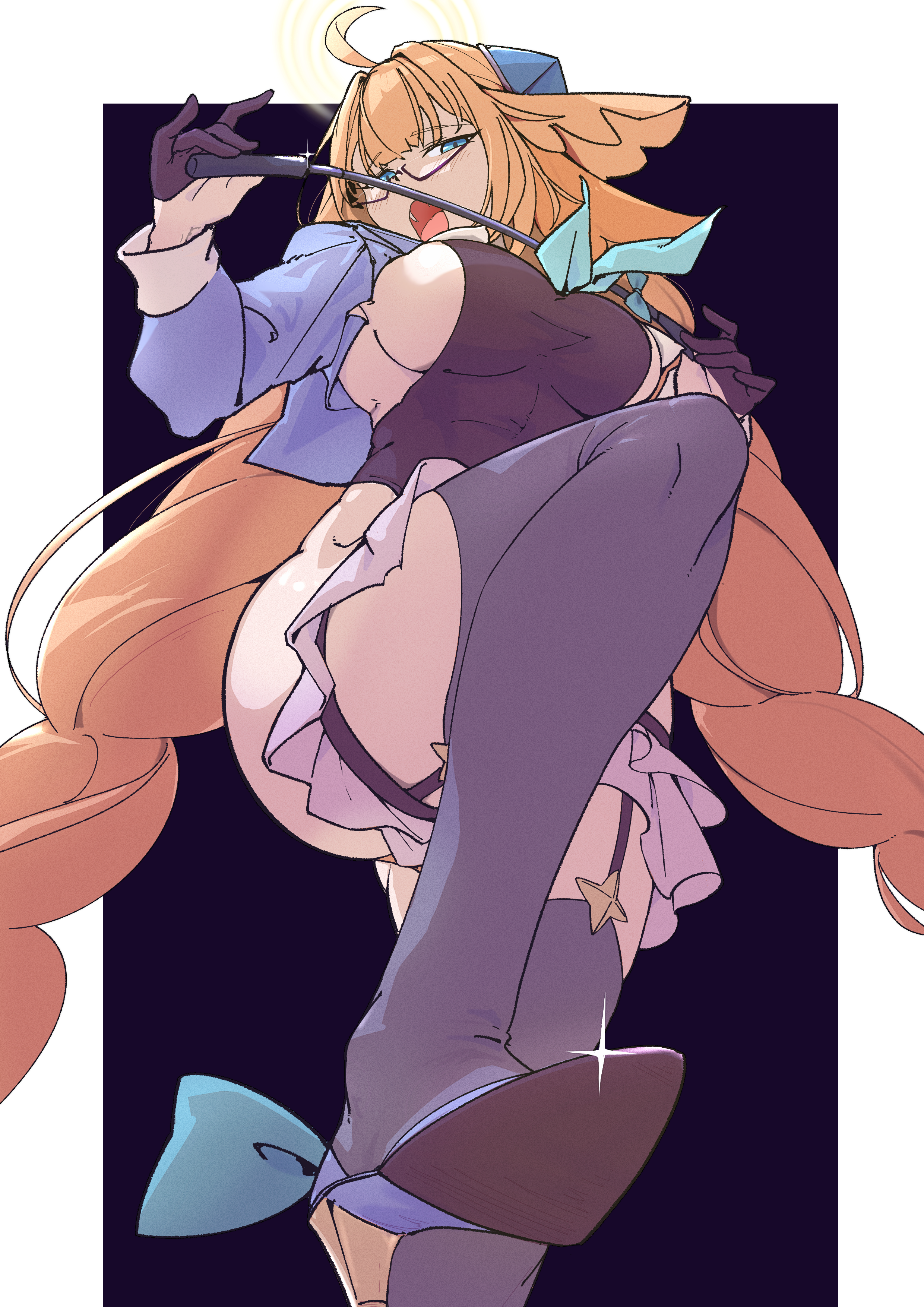 shimiko (blue archive), shimiko (magical) (blue archive), blue archive, absurdres, highres, 1girl, ahoge, aqua bow, aqua neckerchief, black gloves, black leotard, black thighhighs, blue eyes, blue shrug, blush, border, bow, braid, breasts, contrast collar, convenient leg, dominatrix, femdom, foot out of frame, footwear bow, four-pointed star, frilled thigh strap, from below, glint, gloves, hair flaps, hair ornament, half gloves, halo, hands up, high heels, holding, holding riding crop, kom (pixiv 14092479), large breasts, leg up, legwear garter, leotard, long hair, long sleeves, looking at viewer, looking down, low twin braids, narrowed eyes, neckerchief, open mouth, orange hair, outside border, partially bordered, pumps, purple-framed eyewear, purple background, raised inner eyebrows, riding crop, sadism, semi-rimless eyewear, shrug (clothing), sideboob, sidelocks, solo, standing, standing on one leg, stepping on frame, teeth, thigh strap, thighhighs, turning head, twin braids, under-rim eyewear, upper teeth only, very long hair, white border, yellow halo