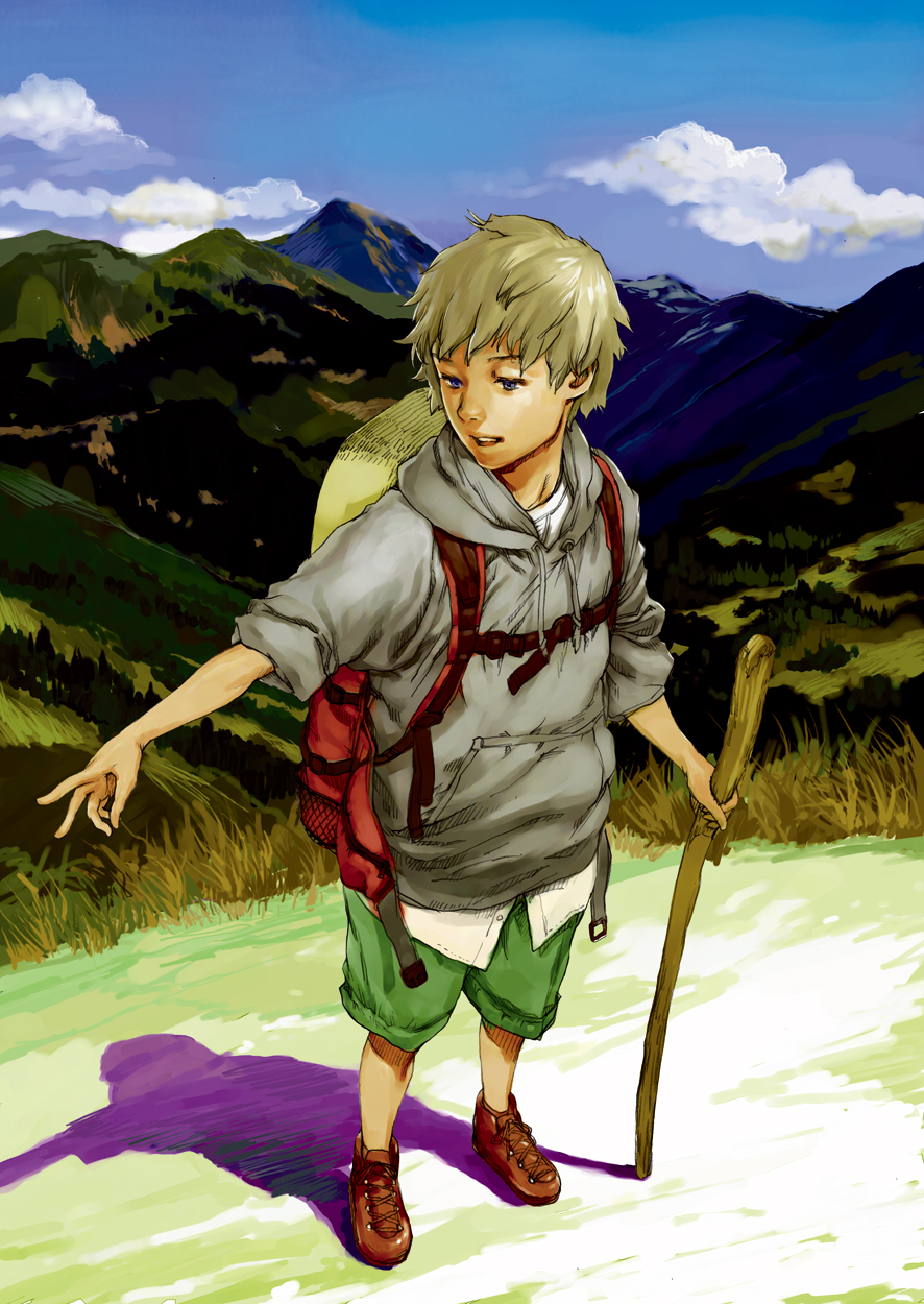 kiyohisa, original, highres, 1boy, backpack, bag, brown eyes, brown hair, cane, hat, hood, hoodie, male focus, mountain, outstretched arm, outstretched hand, randoseru, reaching, shorts, solo, straw hat