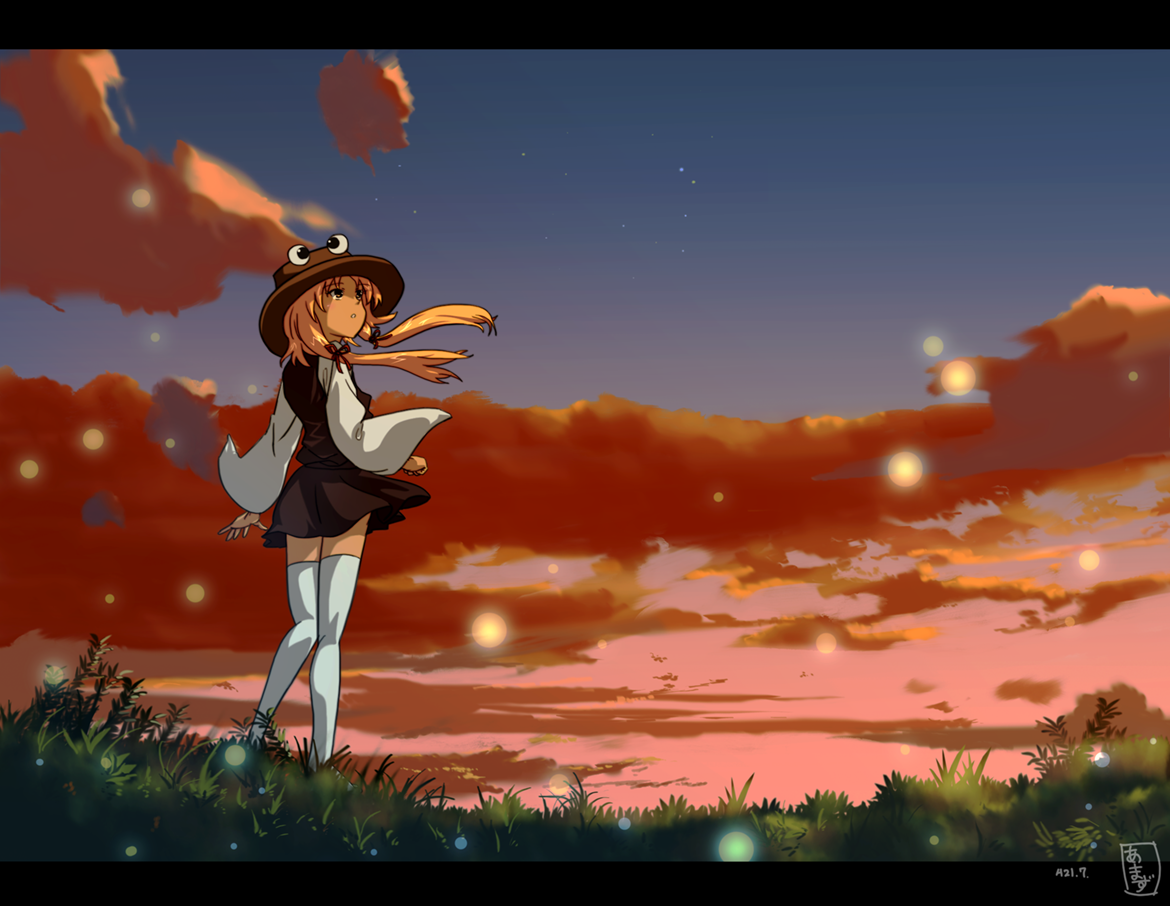 amazu, amazu yoriiti, moriya suwako, touhou, 1girl, bug, cloud, cross-eyed, female focus, fireflies, firefly, insect, letterboxed, sky, solo, sunset