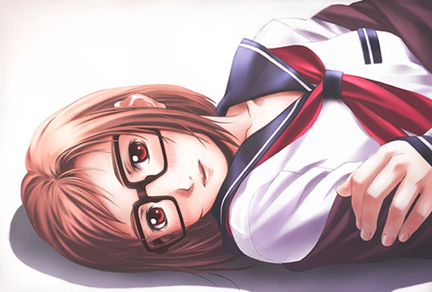 nyaou, original, brown eyes, brown hair, glasses, lying, school uniform, serafuku, short hair, solo