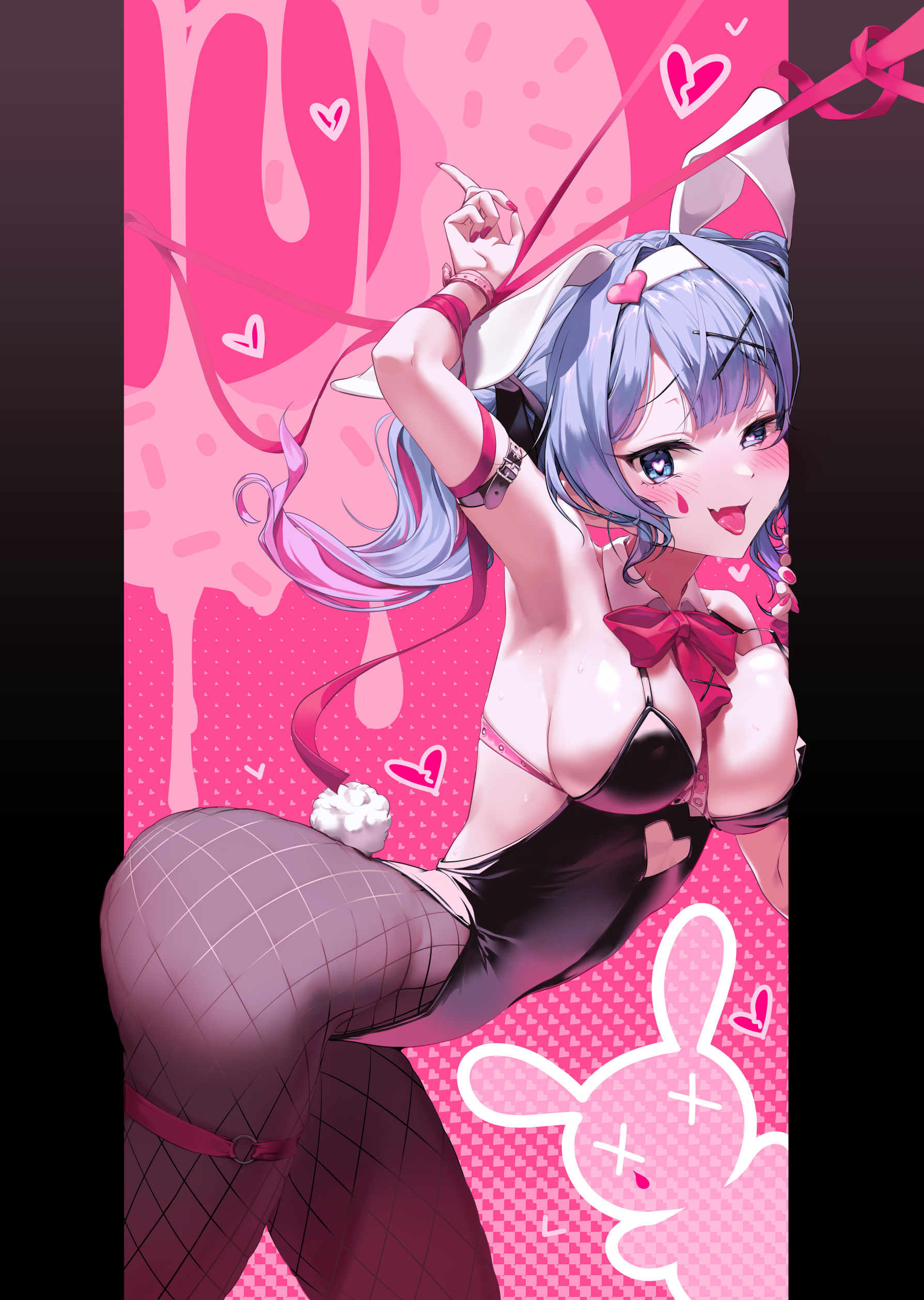 hatsune miku, rabbit hole (vocaloid), vocaloid, absurdres, highres, 1girl, animal ears, armpits, ass, bboooyong, black leotard, black pantyhose, blue eyes, blue hair, blush, bow, bowtie, breasts, fake animal ears, fake tail, fang, fishnet pantyhose, fishnets, gradient hair, hair ornament, hairband, heart, heart-shaped pupils, heart hair ornament, leotard, long hair, medium breasts, multicolored hair, nail polish, pantyhose, pink bow, pink bowtie, pink hair, pink nails, playboy bunny, rabbit ears, rabbit tail, skin fang, solo, symbol-shaped pupils, tail, teardrop facial mark, tongue, tongue out, twintails, white hairband, x hair ornament