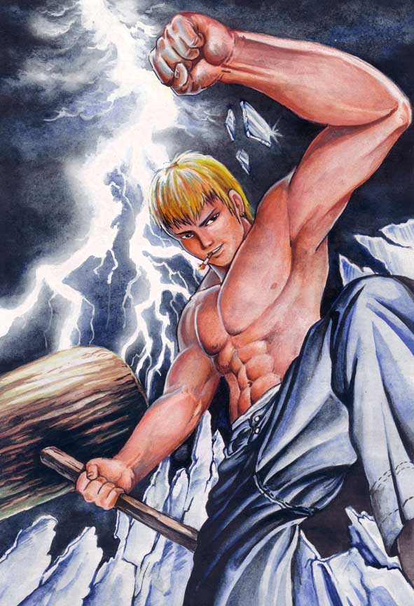 babalisme, onizuka eikichi, great teacher onizuka, traditional media, 1boy, abs, blonde hair, broken glass, cigarette, clenched hand, earrings, epic, glass, hammer, jewelry, lightning, male focus, mallet, manly, muscular, smoking, solo, topless male