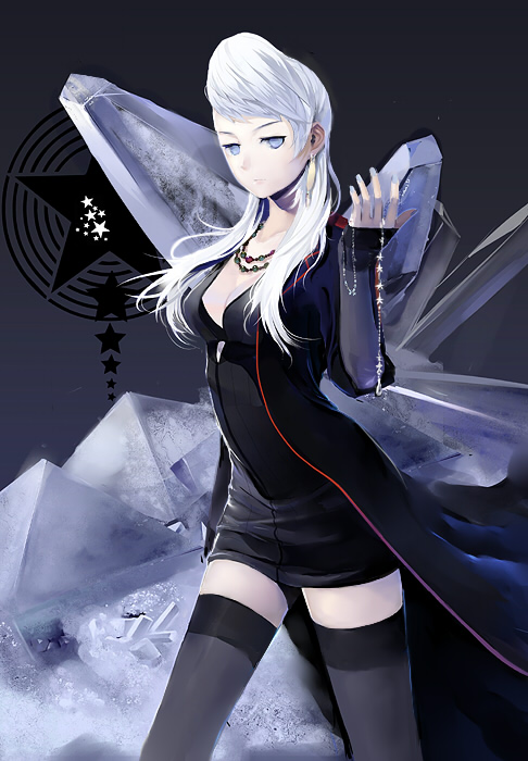 aralez, mira kimishima, chou shittou caduceus, silver hair, 1girl, black thighhighs, blue eyes, dress, female focus, jewelry, necklace, pompadour, quiff, short dress, solo, star (symbol), thighhighs