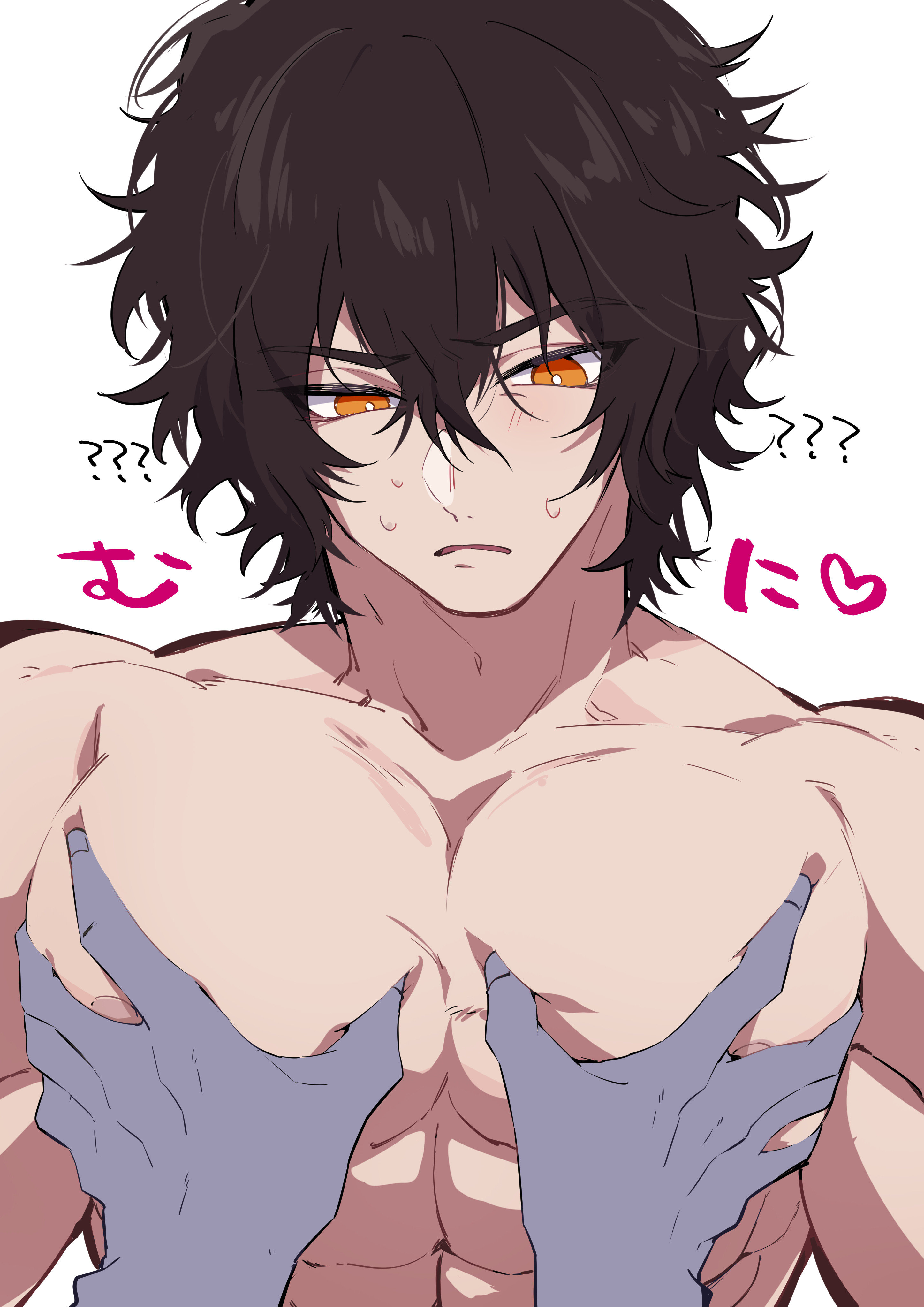 nekoma hikaru, tokita ouma, kengan (series), kengan ashura, absurdres, commentary request, highres, translation request, 1boy, ?, ??, abs, adam's apple, bara, bright pupils, embarrassed, hair between eyes, looking down, male focus, messy hair, orange eyes, pectoral grab, pectorals, simple background, sweatdrop, upper body, v-shaped eyebrows, white background, white pupils, yaoi