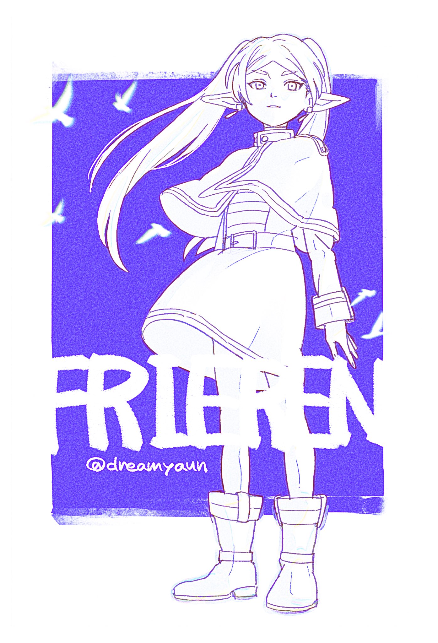 onka (aun ka28), frieren, sousou no frieren, commentary request, highres, 1girl, boots, capelet, character name, earrings, full body, jacket, jewelry, limited palette, long hair, medium skirt, pantyhose, pointy ears, purple background, skirt, solo, teardrop earrings, twintails, twitter username