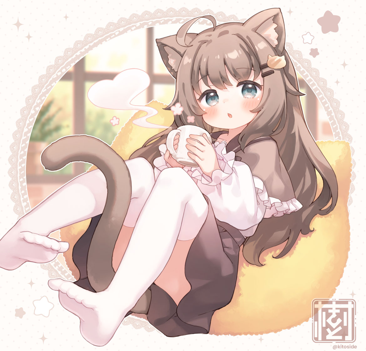 kito (sorahate), biachan (colon br), original, commentary request, commission, skeb commission, 1girl, :o, ahoge, animal ear fluff, animal ears, blue eyes, borrowed character, brown capelet, brown hair, brown sailor collar, brown skirt, capelet, cat-shaped pillow, cat ears, cat girl, cat hair ornament, cat tail, cup, feet, frilled capelet, frilled sleeves, frills, full body, hair ornament, hairclip, holding, holding cup, long hair, long sleeves, looking at viewer, mug, no shoes, open mouth, sailor collar, shirt, skirt, solo, steam, tail, thighhighs, very long hair, white shirt, white thighhighs