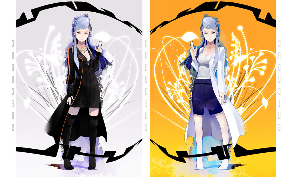 aralez, mira kimishima, chou shittou caduceus, silver hair, 1girl, black dress, breasts, cleavage, collarbone, contrapposto, dress, dual persona, hand on own hip, large breasts, long hair, long sleeves, looking at viewer, pencil skirt, skirt, split screen, standing, thighhighs, zettai ryouiki