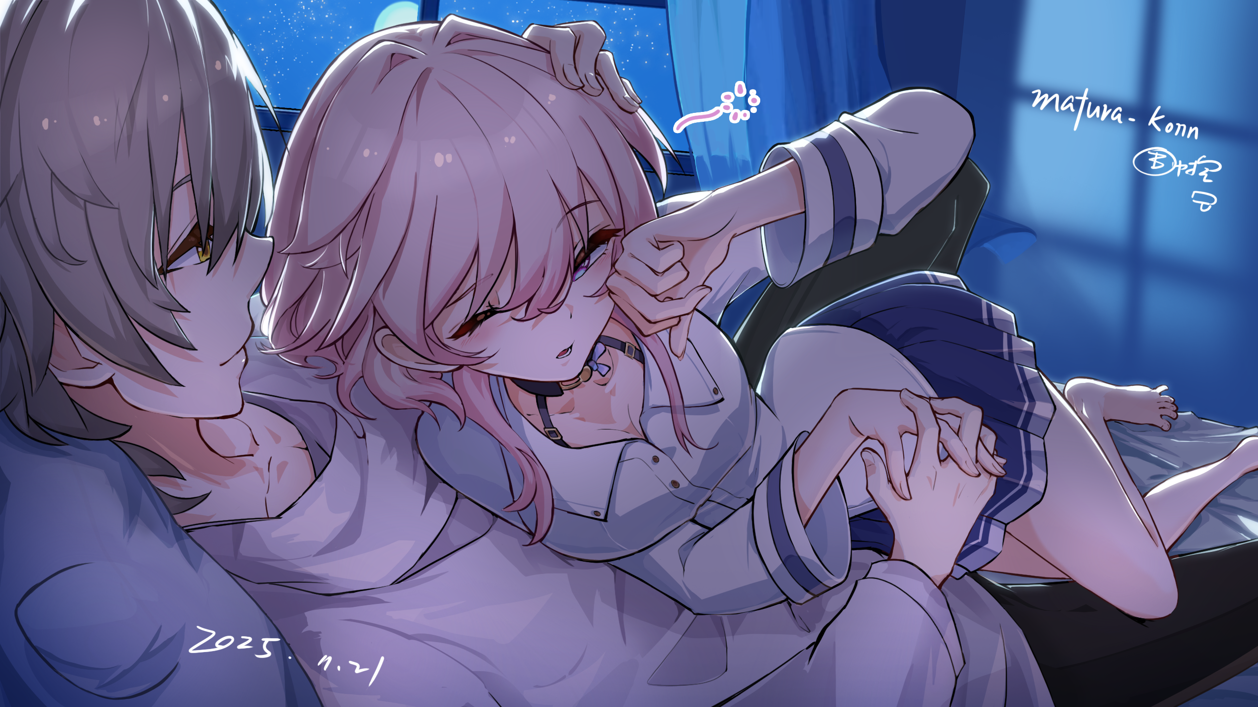 mafuraakon, caelus (honkai: star rail), march 7th (honkai: star rail), trailblazer (honkai: star rail), honkai: star rail, honkai (series), commentary request, highres, 1boy, 1girl, artist name, bare legs, black pants, blue eyes, blue skirt, collarbone, collared shirt, cuddling, grey hair, hand on another's head, hetero, interlocked fingers, long sleeves, looking at another, medium hair, night, on bed, one eye closed, pants, parted lips, pink hair, shirt, short hair, skirt, sleepy, smile, white shirt, yellow eyes