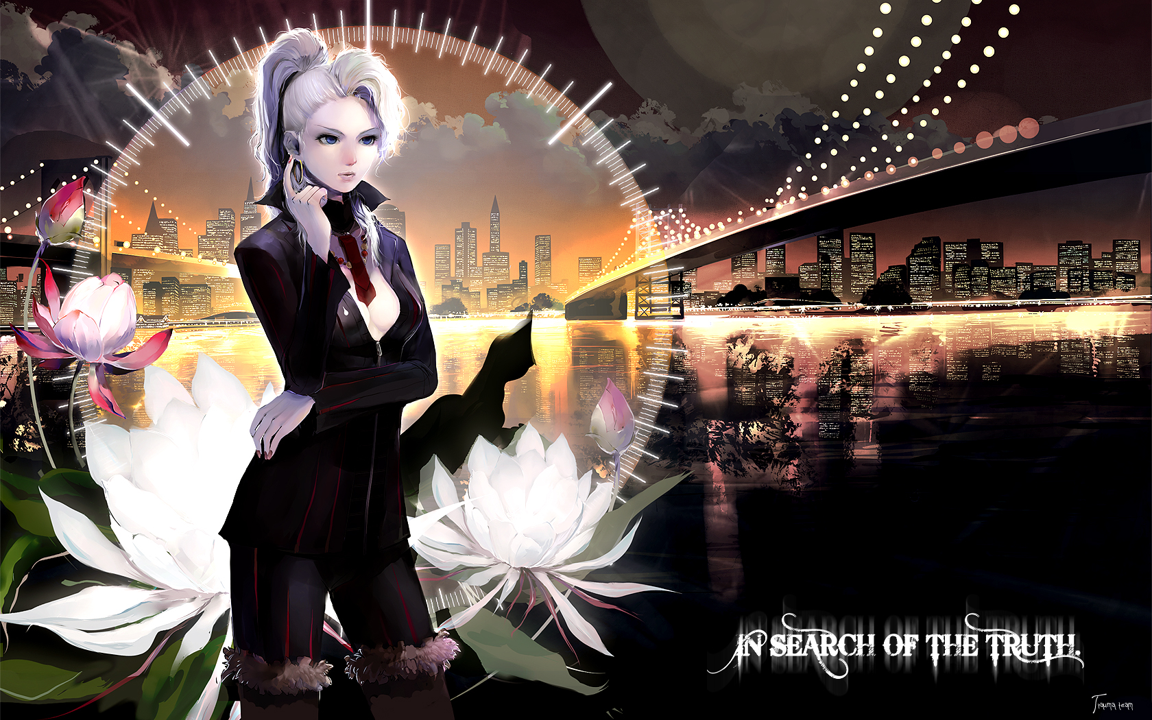 aralez, mira kimishima, chou shittou caduceus, hospital rokunin no ishi, fur, silver hair, bad id, bad pixiv id, highres, 1girl, boots, breasts, bridge, city, cleavage, earrings, female focus, flower, formal clothes, high ponytail, hoop earrings, jewelry, lips, ponytail, sky, solo, suit, thigh boots, thighhighs