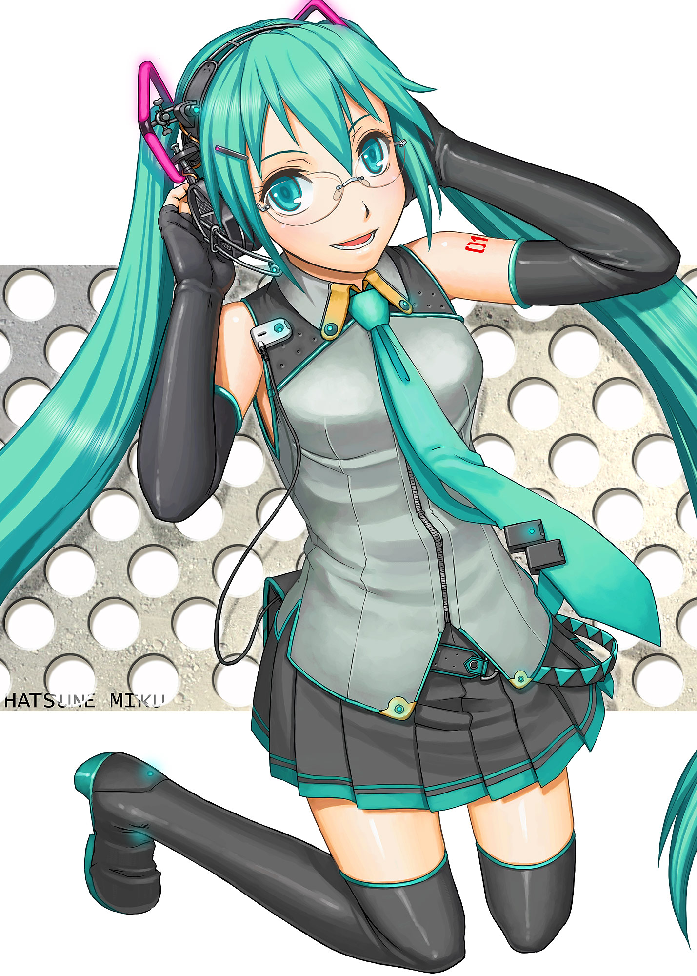 itou (onsoku tassha), hatsune miku, vocaloid, highres, bespectacled, detached sleeves, elbow gloves, fingerless gloves, glasses, gloves, green eyes, green hair, headphones, headset, long hair, necktie, pleated skirt, skirt, solo, thighhighs, twintails, very long hair, zettai ryouiki