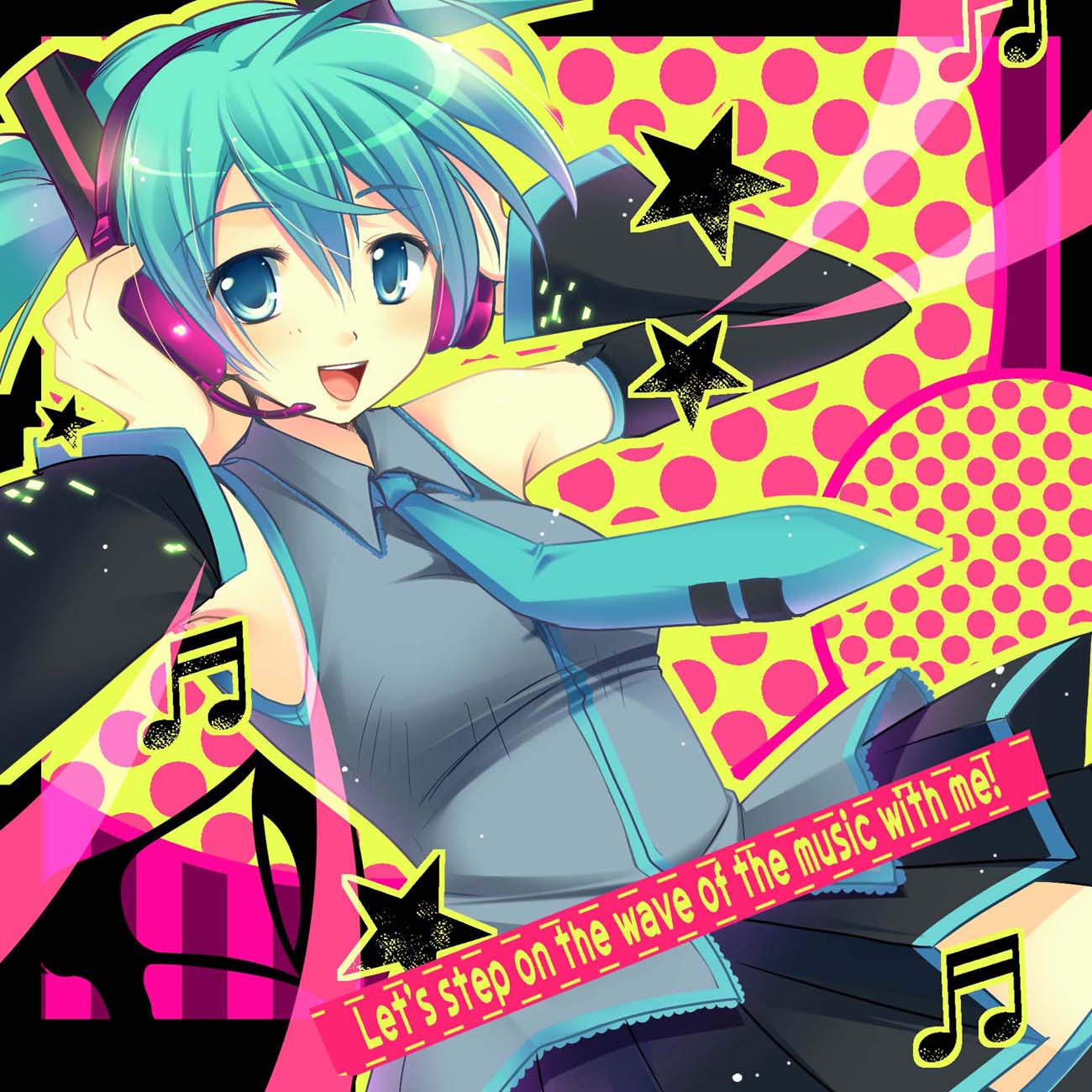 child-box, hatsune miku, vocaloid, highres, jpeg artifacts, md5 mismatch, resolution mismatch, source smaller, 1girl, aqua eyes, aqua hair, detached sleeves, english text, engrish text, female focus, headphones, headset, musical note, necktie, ranguage, skirt, smile, solo, star (symbol), twintails