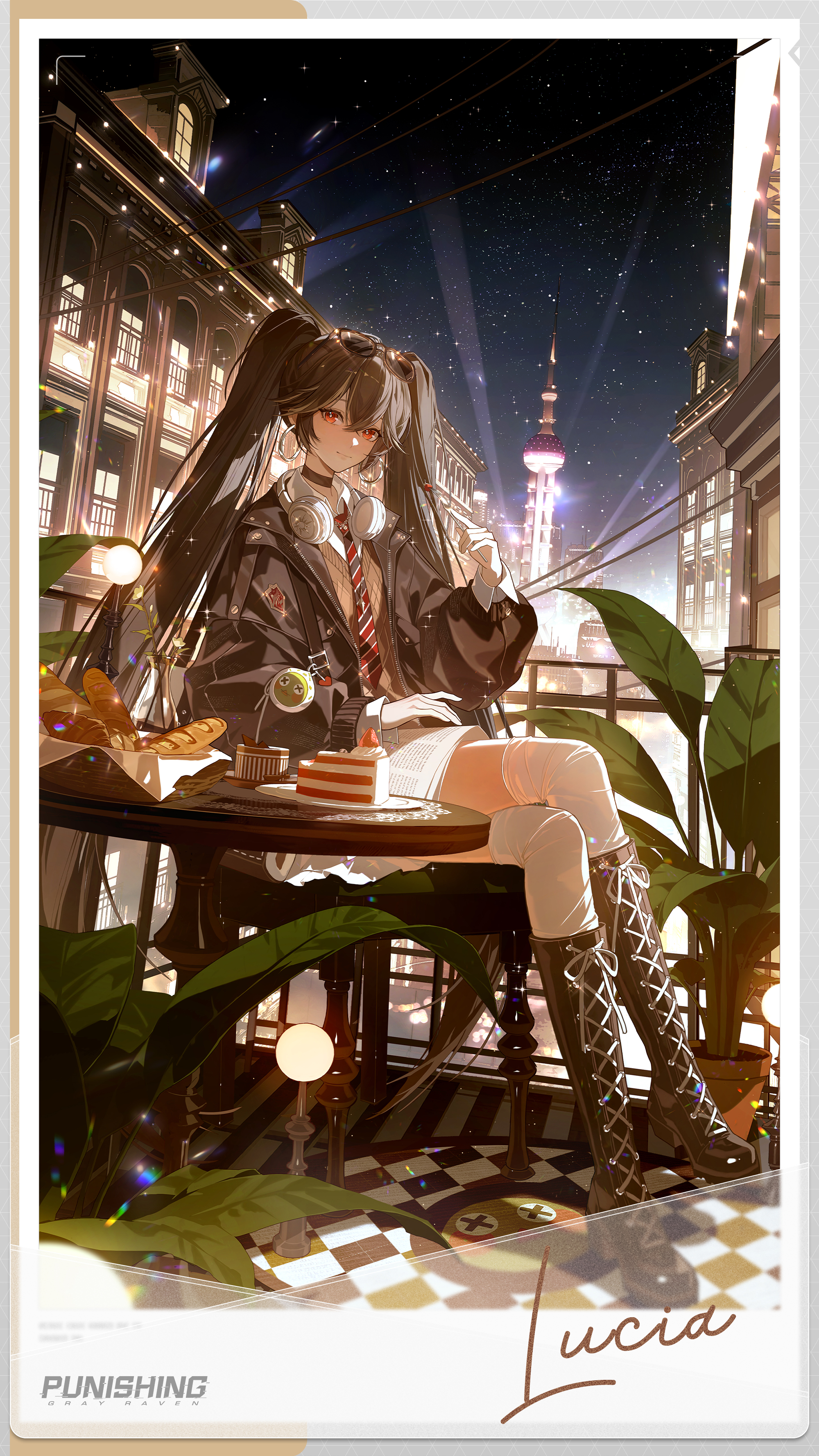 lucia: pyroath (pgr), lucia (pgr), punishing: gray raven, absurdres, commentary, commentary request, english commentary, highres, location request, official art, 1girl, bag, baguette, basket, black hair, black jacket, book, book on lap, boots, bread, brown boots, brown streaks, brown vest, building, buttons, cable, cake, chair, character name, collared shirt, contemporary, crossed bangs, crossed legs, earrings, eyewear on head, food, fork, frog, frog charm, full body, hair between eyes, headphones, headphones around neck, holding, holding fork, hoop earrings, jacket, jewelry, lace-up boots, logo, long hair, long sleeves, looking at viewer, multicolored hair, necktie, on chair, outdoors, plant, polaroid photo, potted plant, red eyes, scenery, shirt, sitting, skirt, solo, striped necktie, table, thighhighs, twintails, very long hair, vest, white shirt, white skirt, white thighhighs, zipper