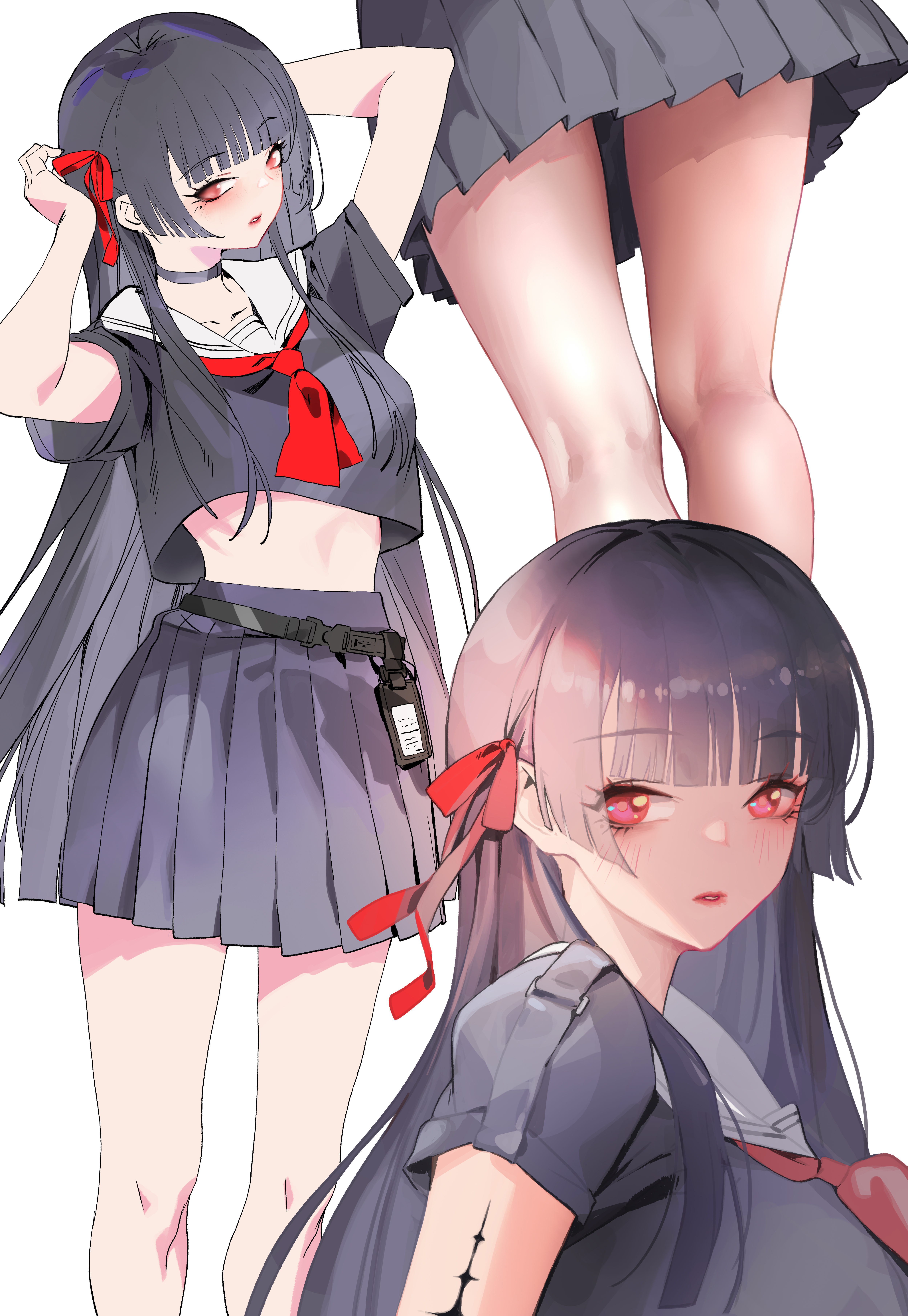 ina (mikamixx), chisa (wuthering waves), wuthering waves, absurdres, commentary, highres, 1girl, arms up, black choker, black hair, black serafuku, black shirt, black skirt, breasts, choker, collarbone, crop top, hair ribbon, kneepits, long hair, looking at viewer, medium breasts, mole, mole under eye, multiple views, neckerchief, parted lips, red eyes, red neckerchief, red ribbon, ribbon, sailor collar, school uniform, serafuku, shirt, short sleeves, simple background, skirt, tacet mark (wuthering waves), very long hair, white background, white sailor collar