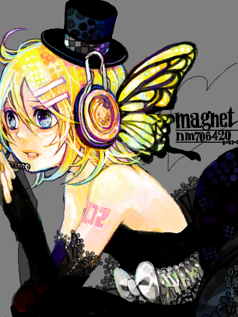 wory, kagamine rin, magnet (vocaloid), vocaloid, bad id, bad pixiv id, 1girl, blonde hair, blue eyes, butterfly wings, dress, elbow gloves, female focus, fingerless gloves, gloves, hair ornament, hairclip, hat, headphones, headset, insect wings, mini hat, mini top hat, nail polish, short hair, solo, top hat, wings