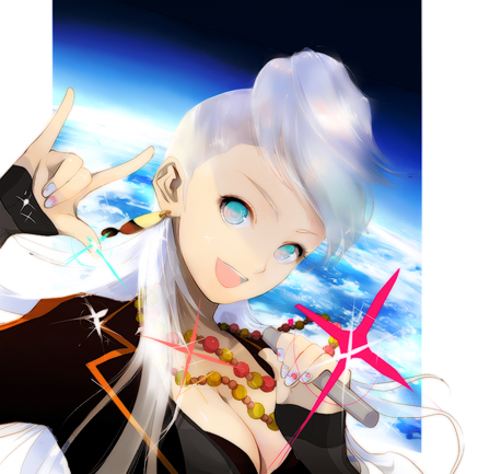 aralez, mira kimishima, ranka lee, chou shittou caduceus, macross, macross frontier, silver hair, lowres, 00s, 1girl, beads, blue eyes, breasts, cleavage, earth (planet), female focus, fingernails, jewelry, m/, microphone, nail (hardware), necklace, planet, pompadour, seikan hikou, solo, space