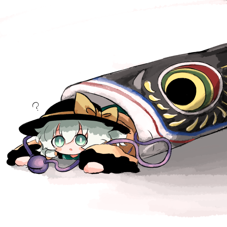 heripantomorrow, komeiji koishi, touhou, commentary request, 1girl, ?, black hat, bow, bright pupils, collared shirt, finger wrap, frilled sleeves, frills, green eyes, green hair, hat, hat bow, lying, medium hair, on stomach, shirt, solo, third eye, white pupils, yellow bow, yellow shirt