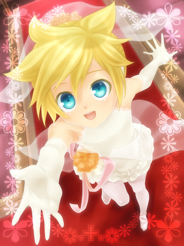 oumi sanaka, kagamine len, vocaloid, 1boy, blonde hair, blue eyes, crossdressing, crossdressing (mtf), dress, elbow gloves, foreshortening, gloves, male focus, pantyhose, short hair, skirt, smile, solo, trap, wedding dress, white dress, white pantyhose, white skirt