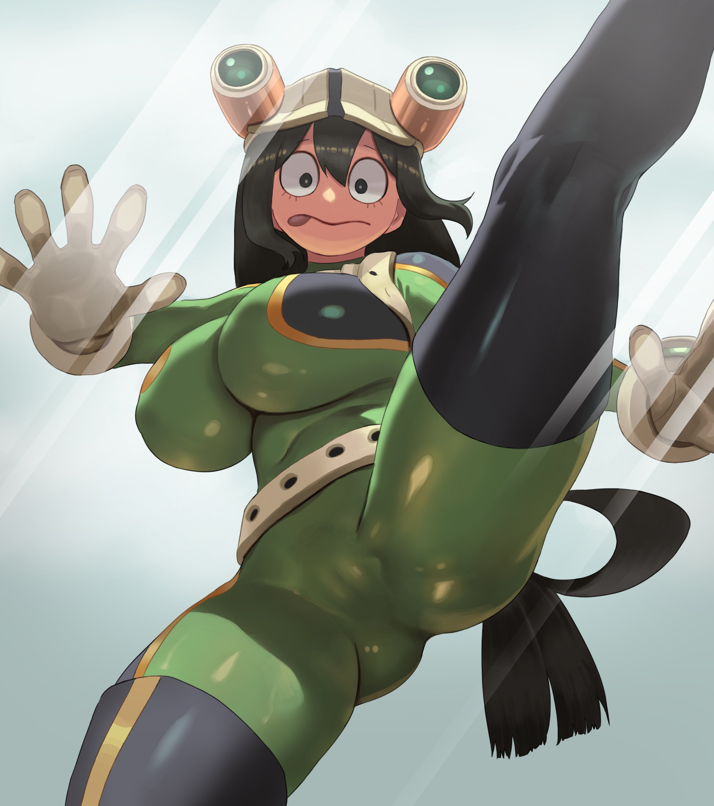 narisokonai, asui tsuyu, boku no hero academia, absurdres, commentary request, highres, 1girl, alternate breast size (larger), black eyes, black hair, bodysuit, breasts, brown gloves, cameltoe, from below, gloves, green bodysuit, hair between eyes, hair rings, hat, huge breasts, impossible bodysuit, impossible clothes, kicking, long hair, low-tied long hair, motion lines, solo, standing, standing on one leg, superhero costume, tongue, tongue out, very long hair