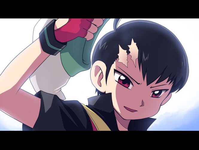 miyu (matsunohara), yamamoto satoshi, brendan (pokemon), nintendo, pokemon, pokemon adventures, pokemon special anime, bad id, bad pixiv id, spoilers, 1boy, black hair, fingerless gloves, gloves, gradient background, hat, letterboxed, male focus, red eyes, scar, solo