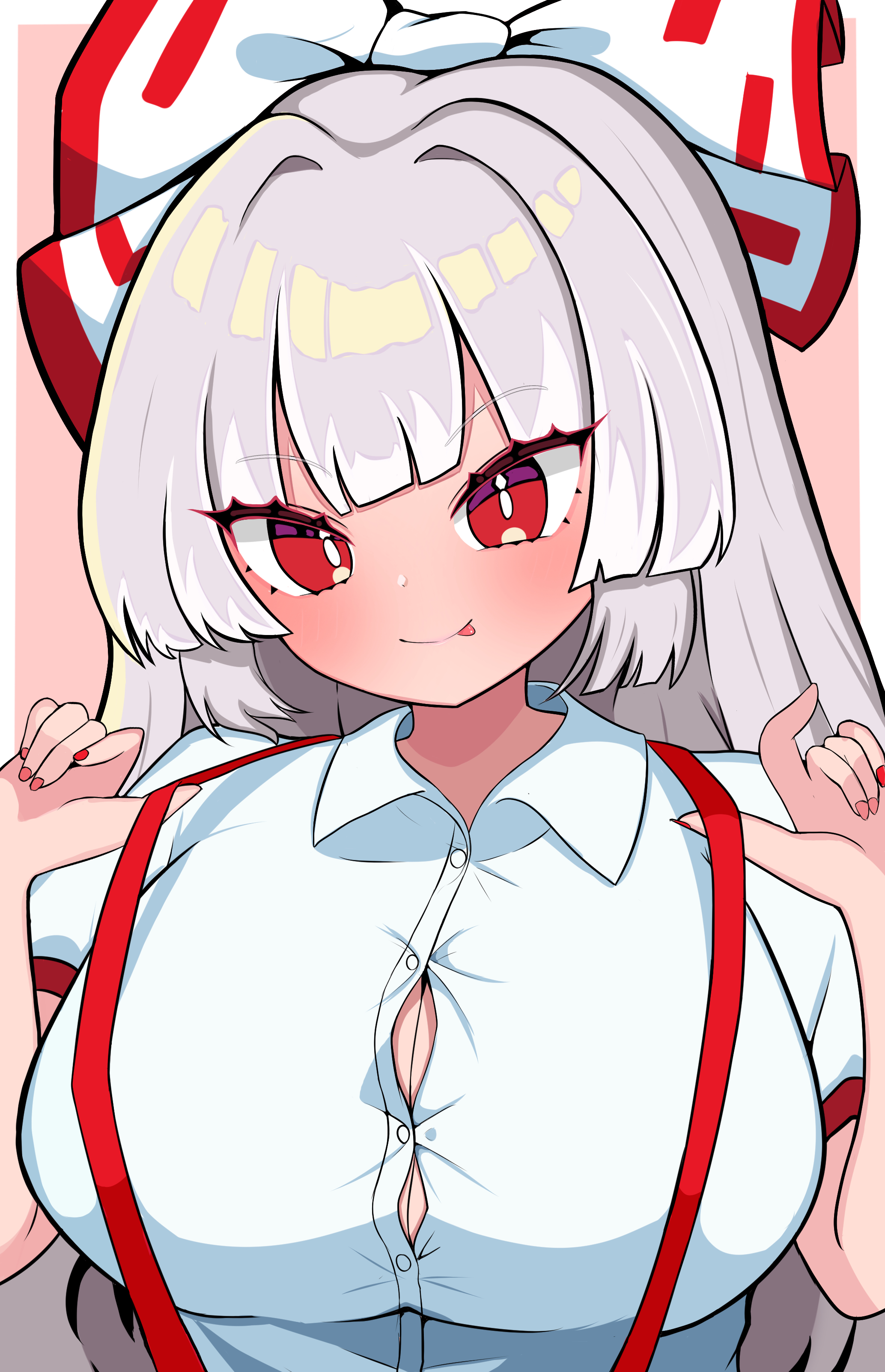 fujiwara no mokou, touhou, absurdres, commentary request, highres, 1girl, alternate breast size (larger), blunt bangs, border, bow, breasts, bright pupils, buttons, closed mouth, collared shirt, eyelashes, grey hair, hair bow, hands up, kukurukurukuru, large bow, large breasts, long hair, looking at viewer, nail polish, outside border, pink background, puffy short sleeves, puffy sleeves, red eyes, red nails, shirt, short sleeves, simple background, smile, solo, suspenders, tongue, tongue out, upper body, white border, white bow, white pupils, white shirt