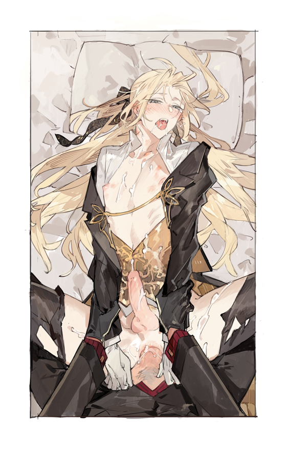 starshadowmagician, antonio salieri (fate), wolfgang amadeus mozart (fate), fate/grand order, fate (series), 2boys, anal, blonde hair, blush, cum, cum on body, gloves, green eyes, grey hair, hair ribbon, head on pillow, holding another's wrists, jacket, long hair, long sleeves, lying, male focus, male pubic hair, multiple boys, nipples, on back, on bed, open mouth, partially undressed, penis, pillow, pov, pubic hair, red eyes, ribbon, sex, shirt, testicles, updo, yaoi