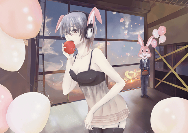 suipuu izuru, original, bad id, bad pixiv id, 1girl, animal ears, apple, balloon, bare shoulders, black hair, blue hair, breasts, cleavage, cloud, food, fruit, garter belt, headphones, large breasts, rabbit ears, sky, thighhighs, yellow eyes