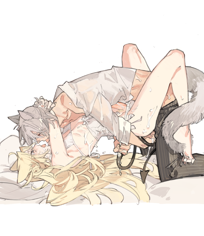 starshadowmagician, antonio salieri (fate), wolfgang amadeus mozart (fate), fate/grand order, fate (series), 2boys, animal ears, blonde hair, blush, cum, cum on body, demon tail, face-to-face, green eyes, grey hair, implied sex, kemonomimi mode, lingerie, long hair, long sleeves, male focus, medium hair, multiple boys, nipples, open mouth, pants, penis, profile, red eyes, shirt, short hair, tail, testicles, tongue, tongue out, underwear, wolf boy, wolf ears, wolf tail, yaoi