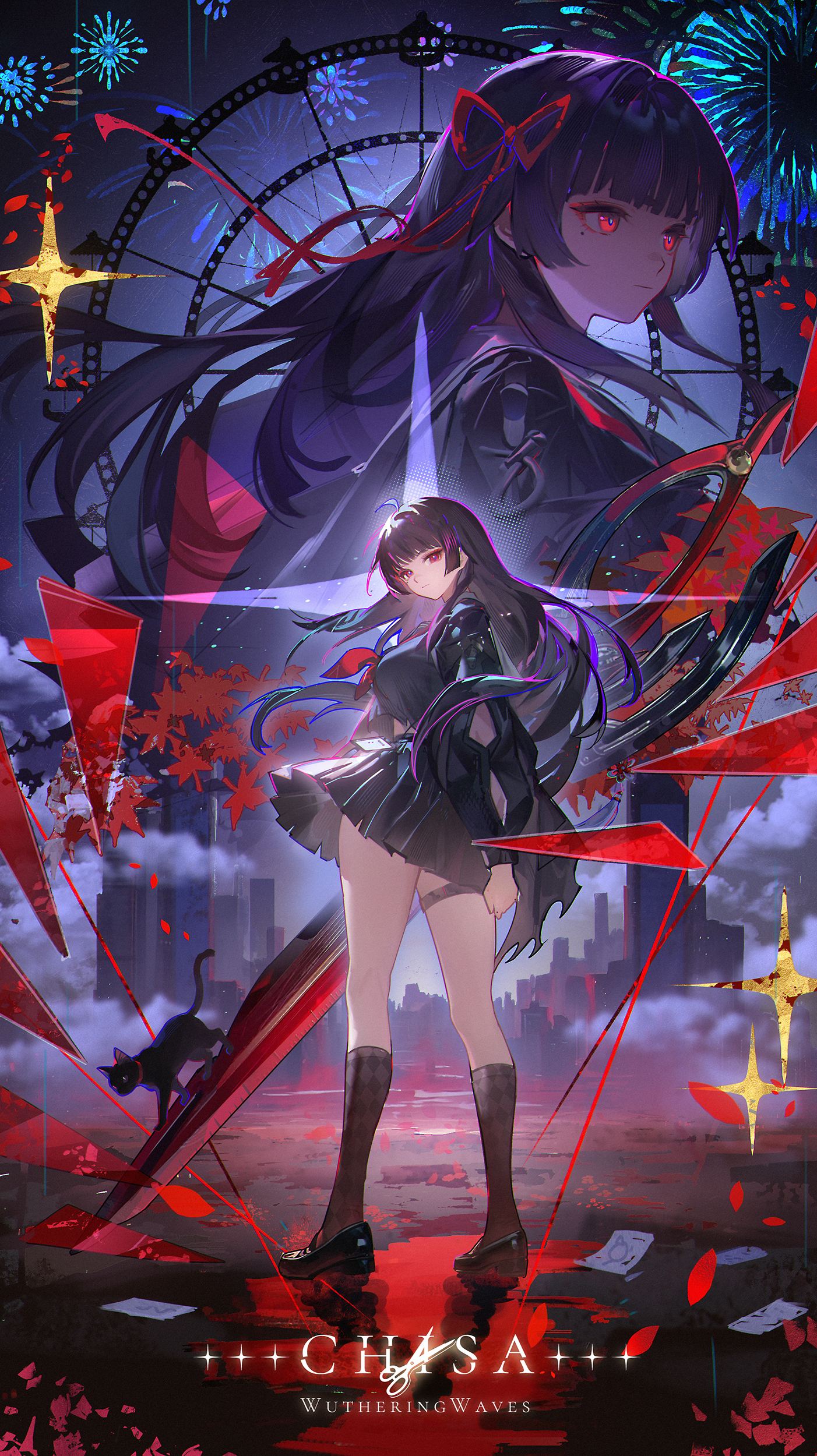 moehikaru, chisa (wuthering waves), wuthering waves, absurdres, chinese commentary, commentary request, highres, 1girl, aerial fireworks, ahoge, arm cutout, black hair, black jacket, black serafuku, black shirt, black skirt, black socks, breasts, character name, closed mouth, clothing cutout, copyright name, ferris wheel, fireworks, hair ribbon, holding, holding sword, holding weapon, jacket, large breasts, long hair, long sleeves, looking ahead, looking at viewer, looking back, mole, mole under eye, neckerchief, portrait, red eyes, red neckerchief, red petals, red ribbon, ribbon, sailor collar, school uniform, serafuku, shirt, skirt, socks, solo, standing, sword, thigh strap, thighs, weapon, white sailor collar