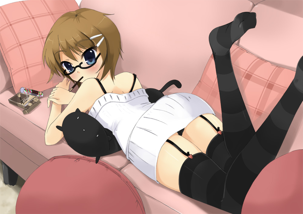 haru (matatabi sanjou), original, 1girl, bare shoulders, black panties, blue eyes, brown hair, candy, couch, female focus, food, garter belt, glasses, hair ornament, hairclip, looking back, lying, mouth hold, on stomach, panties, pantyshot, pillow, pocky, short hair, solo, striped clothes, striped thighhighs, thighhighs, underwear