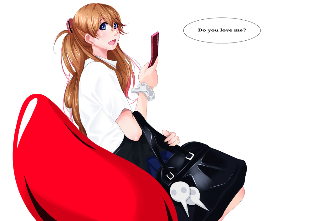 tsuka (blind side), souryuu asuka langley, neon genesis evangelion, bookbag, 1girl, bag, blue eyes, cellphone, chair, english text, female focus, long hair, open mouth, phone, red hair, sitting, smile, solo, twintails, two side up