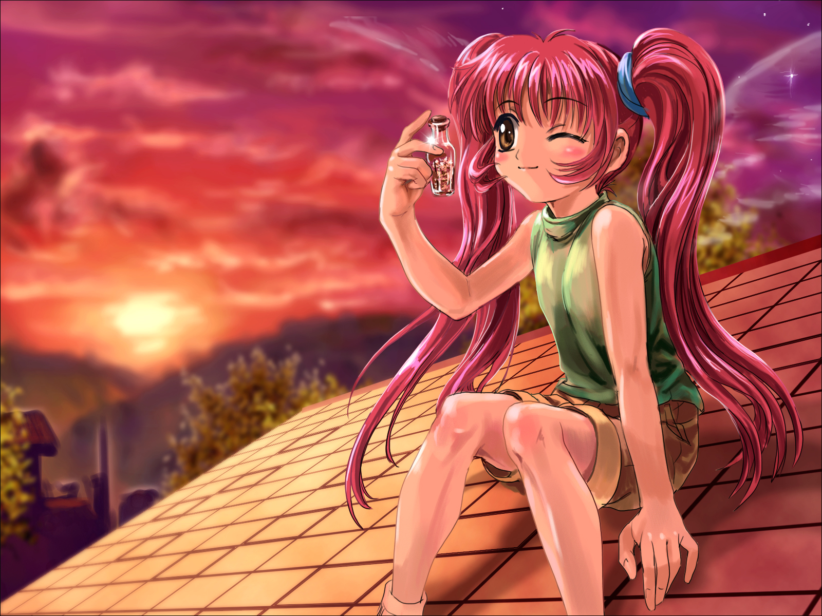 mutsuki (moonknives), michiru (air), air (visual novel), key (company), highres, 00s, 1girl, blush, bottle, brown eyes, female focus, one eye closed, red hair, rooftop, solo, sunset, twintails, wink