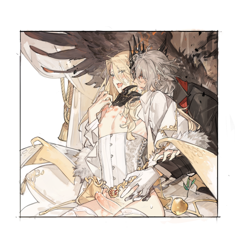 starshadowmagician, antonio salieri (fate), wolfgang amadeus mozart (fate), fate/grand order, fate (series), 2boys, bite mark, blonde hair, blush, corset, gloves, green eyes, grey hair, hickey, jacket, lingerie, long hair, long sleeves, male focus, mask, medium hair, multiple boys, nipples, open mouth, partially undressed, penis, red eyes, shirt, tongue, tongue out, underwear, wings, yaoi