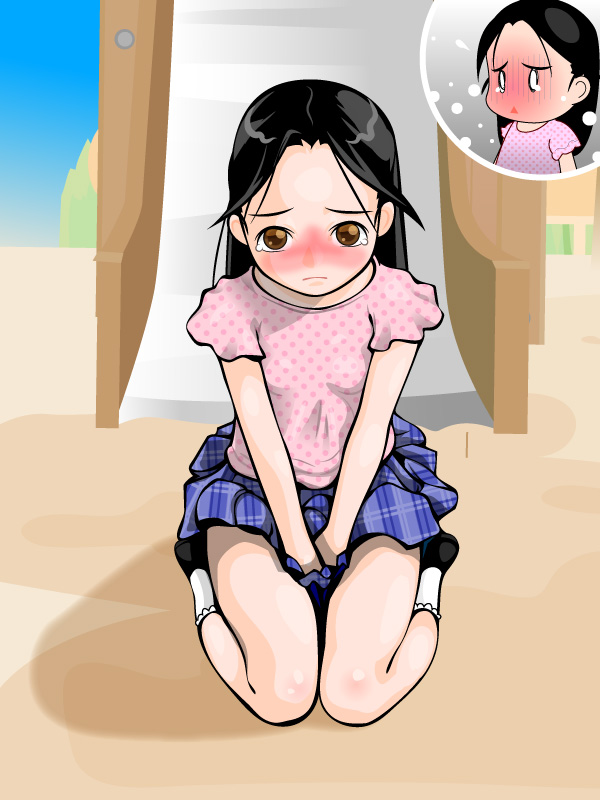j7w, original, bad id, bad pixiv id, 1girl, between legs, black hair, blush, brown eyes, covering crotch, covering privates, embarrassed, hand between legs, kneeling, loli, long hair, miniskirt, playground, shoes, sitting, skirt, slide, socks, tears, wariza