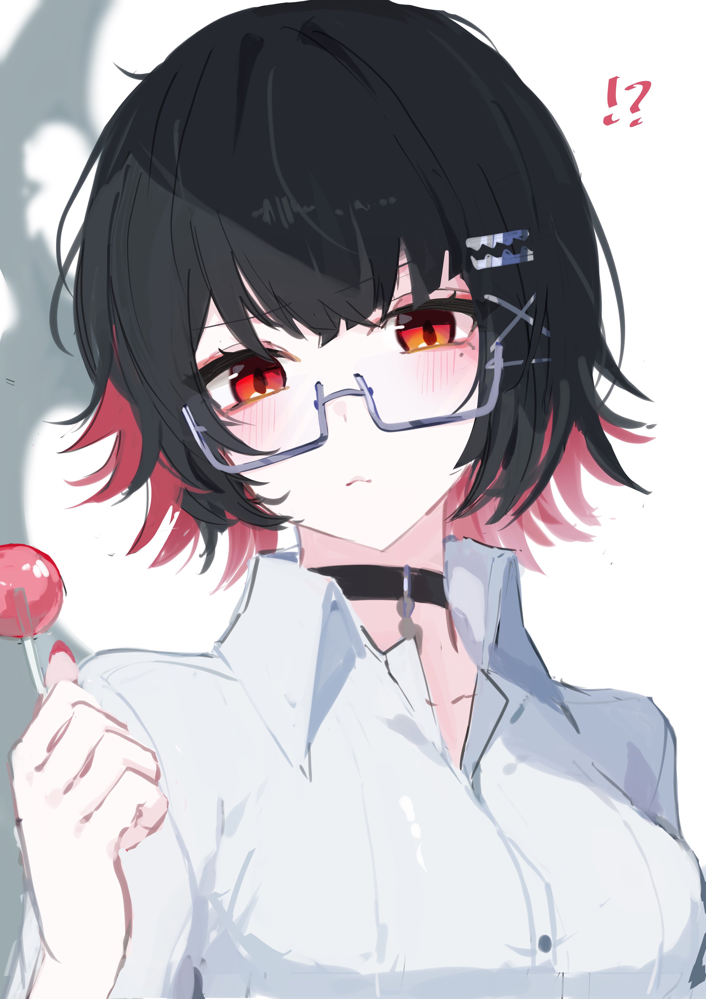 magnet 8 8, ellen joe, ellen joe (on campus), zenless zone zero, absurdres, commentary request, highres, !, !?, 1girl, black choker, black hair, blurry, blurry background, blush, breasts, candy, choker, closed mouth, colored inner hair, fins, fish tail, food, glasses, head tilt, holding, holding candy, holding food, holding lollipop, lollipop, looking at viewer, looking over eyewear, medium breasts, mole, mole under eye, multicolored hair, official alternate costume, pendant choker, portrait, razor blade hair ornament, red eyes, red nails, scar, scar on tail, shadow, shark girl, shark tail, shirt, short hair, simple background, solo, tail, white background, white shirt