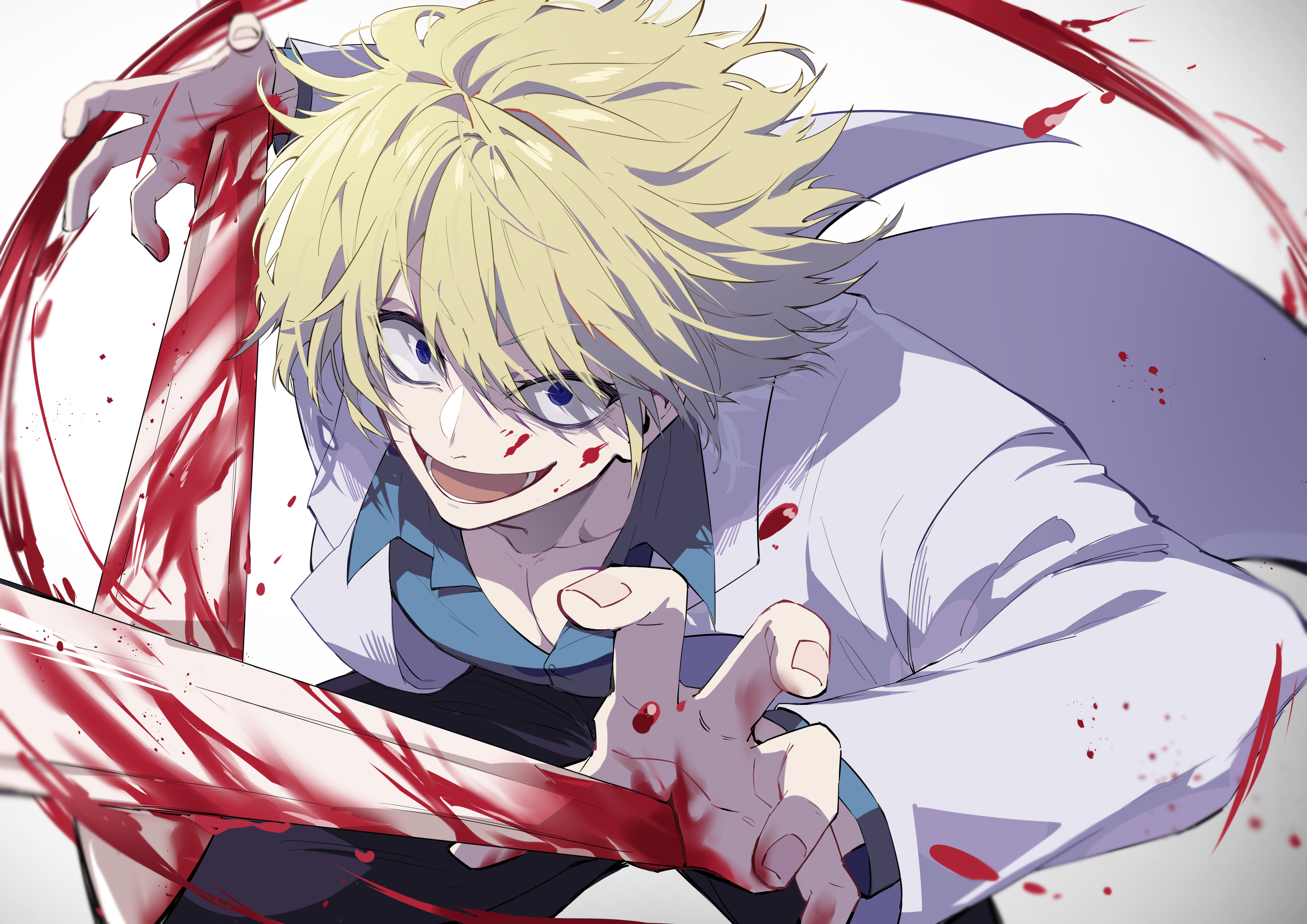 nekoma hikaru, kengan (series), kengan ashura, absurdres, commentary request, highres, 1boy, arm blade, bags under eyes, black pants, blonde hair, blood, blood on clothes, blood on face, blood on hands, blue eyes, blue shirt, coat, hanafusa hajime, long sleeves, male focus, open mouth, pants, pectoral cleavage, pectorals, running, shirt, short hair, solo, weapon, white coat