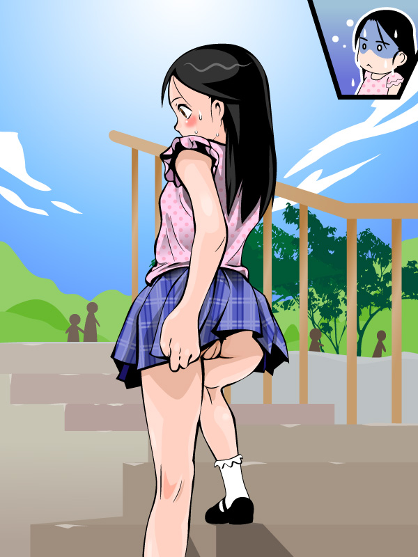 j7w, original, black footwear, white legwear, bad id, bad pixiv id, 1girl, 4others, ass, black hair, blue skirt, blush, brown eyes, cleft of venus, cloud, day, embarrassed, exhibitionism, from behind, inset, loli, long hair, mary janes, miniskirt, multiple others, no panties, pink shirt, plaid clothes, plaid skirt, pleated skirt, polka dot, polka dot shirt, public indecency, pussy, railing, shirt, shoes, skirt, skirt tug, sky, socks, solo focus, stairs, sweat, tree, uncensored, upskirt