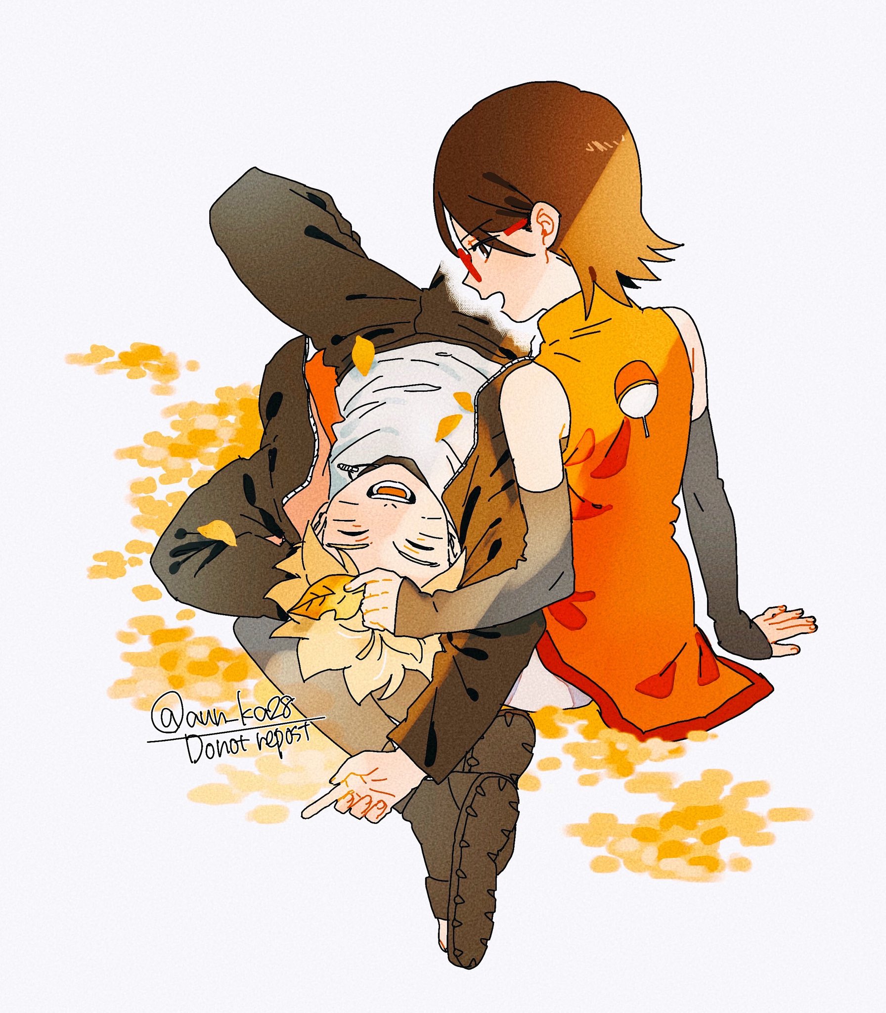 onka (aun ka28), uchiha sarada, uzumaki boruto, boruto: naruto next generations, naruto (series), commentary, highres, symbol-only commentary, 1boy, 1girl, arm warmers, black hair, black jacket, black pants, black shoes, blonde hair, closed eyes, facial mark, glasses, holding, holding leaf, jacket, leaf, light rays, lying on lap, open-toe shoes, open mouth, pants, red-framed eyewear, shoes, short hair, sitting, smile, twitter username, uchiha symbol, watermark, whisker markings, yokozuwari