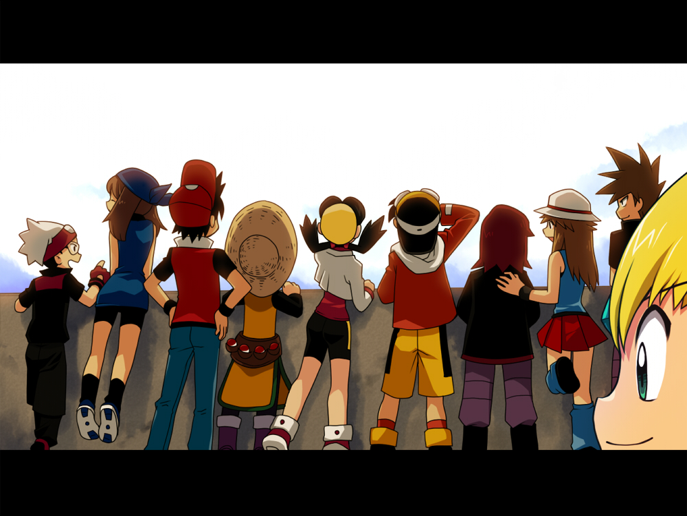 miyu (matsunohara), yamamoto satoshi, blue oak, brendan (pokemon), emerald (pokemon), ethan (pokemon), green (pokemon), kris (pokemon), may (pokemon), red (pokemon), silver (pokemon), yellow (pokemon), nintendo, pokemon, pokemon adventures, pokemon special anime, bad id, bad pixiv id, 4girls, 6+boys, ass, bandana, baseball cap, bike shorts, black hair, blonde hair, brown hair, everyone, from behind, goggles, green eyes, hands on own hips, hat, letterboxed, multiple boys, multiple girls, poke ball, porkpie hat, red hair, shorts, skirt, straw hat, waist poke ball