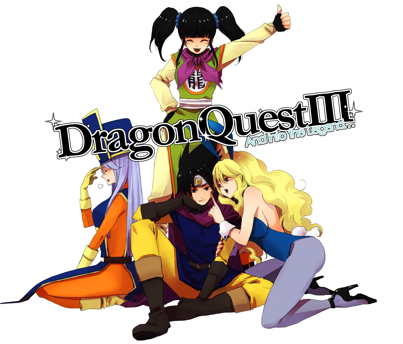 hidaka ryou, gadabout (dq3), martial artist (dq3), priest (dq3), roto (dq3), chunsoft, dragon quest, dragon quest iii, enix, highres, 1boy, 3girls, animal ears, black hair, blonde hair, blush, bodysuit, boots, closed eyes, copyright name, fake animal ears, fingerless gloves, gloves, hat, high heels, long hair, mitre, multiple girls, pantyhose, playboy bunny, purple hair, rabbit ears, shoes, short twintails, smile, tabard, thumbs up, twintails