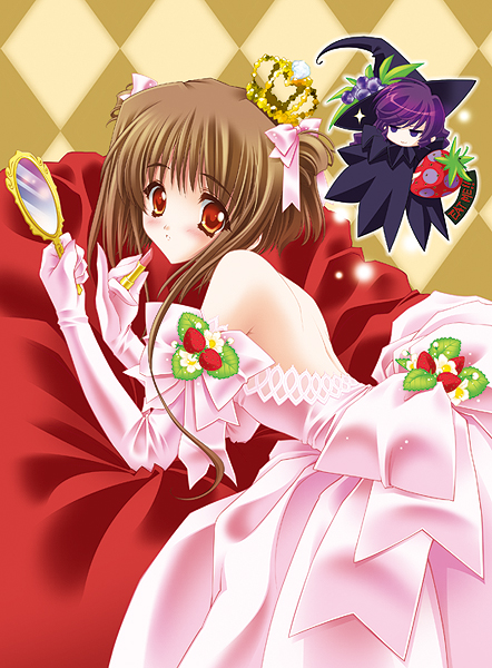 amamiya poran, original, bad id, bad pixiv id, applying lipstick, applying makeup, blush, brown hair, chibi, cosmetics, crown, dress, elbow gloves, gloves, hair ribbon, hat, lipstick, lipstick tube, makeup, mirror, pink dress, ribbon, witch hat