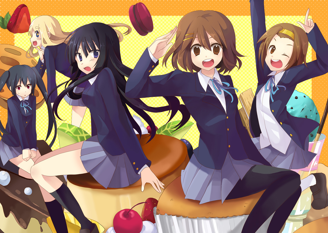 chocho (homelessfox), akiyama mio, hirasawa yui, kotobuki tsumugi, nakano azusa, tainaka ritsu, k-on!, bad id, bad pixiv id, 00s, 5girls, black hair, blonde hair, blue eyes, blunt bangs, brown eyes, brown hair, cake, cherry, cookie, cupcake, food, fruit, hair ornament, hairband, hairclip, hime cut, ho-kago tea time, ice cream, long hair, macaron, multiple girls, one eye closed, pantyhose, pastry, pudding, salute, school uniform, short hair, sitting, strawberry, twintails, wink