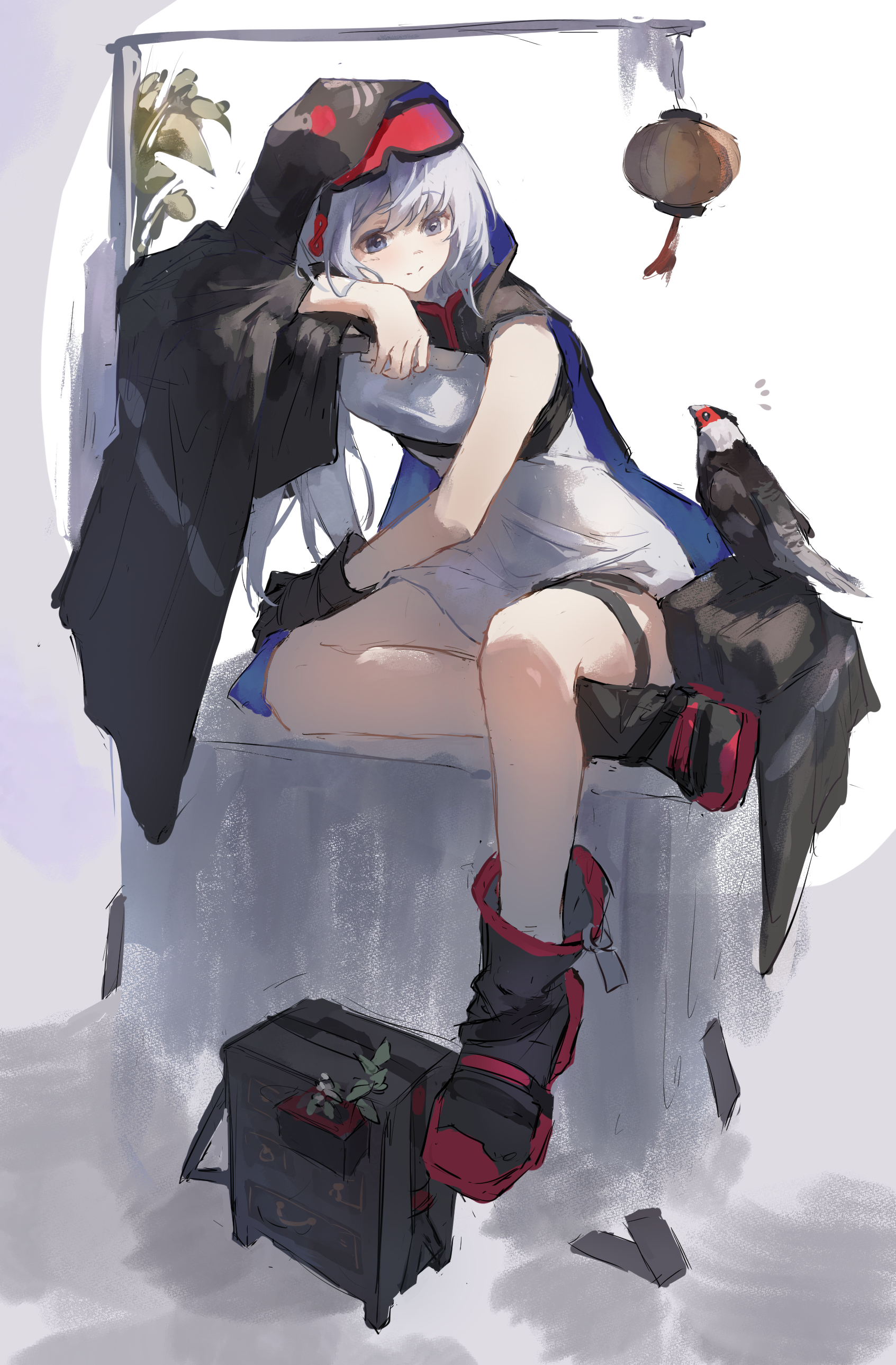 mumu millhayes, mulberry (arknights), arknights, absurdres, chinese commentary, commentary request, highres, 1girl, ankle boots, bare legs, bird, black boots, black cape, black gloves, boots, cape, dress, full body, gloves, goggles, goggles on head, grey eyes, grey hair, hood, hood up, hooded cape, long hair, looking at animal, multicolored boots, pouch, red boots, short dress, sitting, sleeveless, sleeveless dress, solo, thigh strap, two-tone boots, white dress