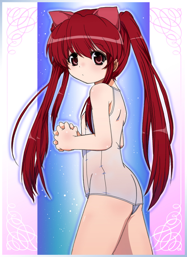 ryuu ryuu, aloe, aloe (quiz magic academy), quiz magic academy, 1girl, covered erect nipples, female focus, flat chest, loli, long hair, nipples, one-piece swimsuit, red eyes, red hair, ribbon, school swimsuit, see-through clothes, solo, swimsuit, twintails, wet, white one-piece swimsuit, white school swimsuit