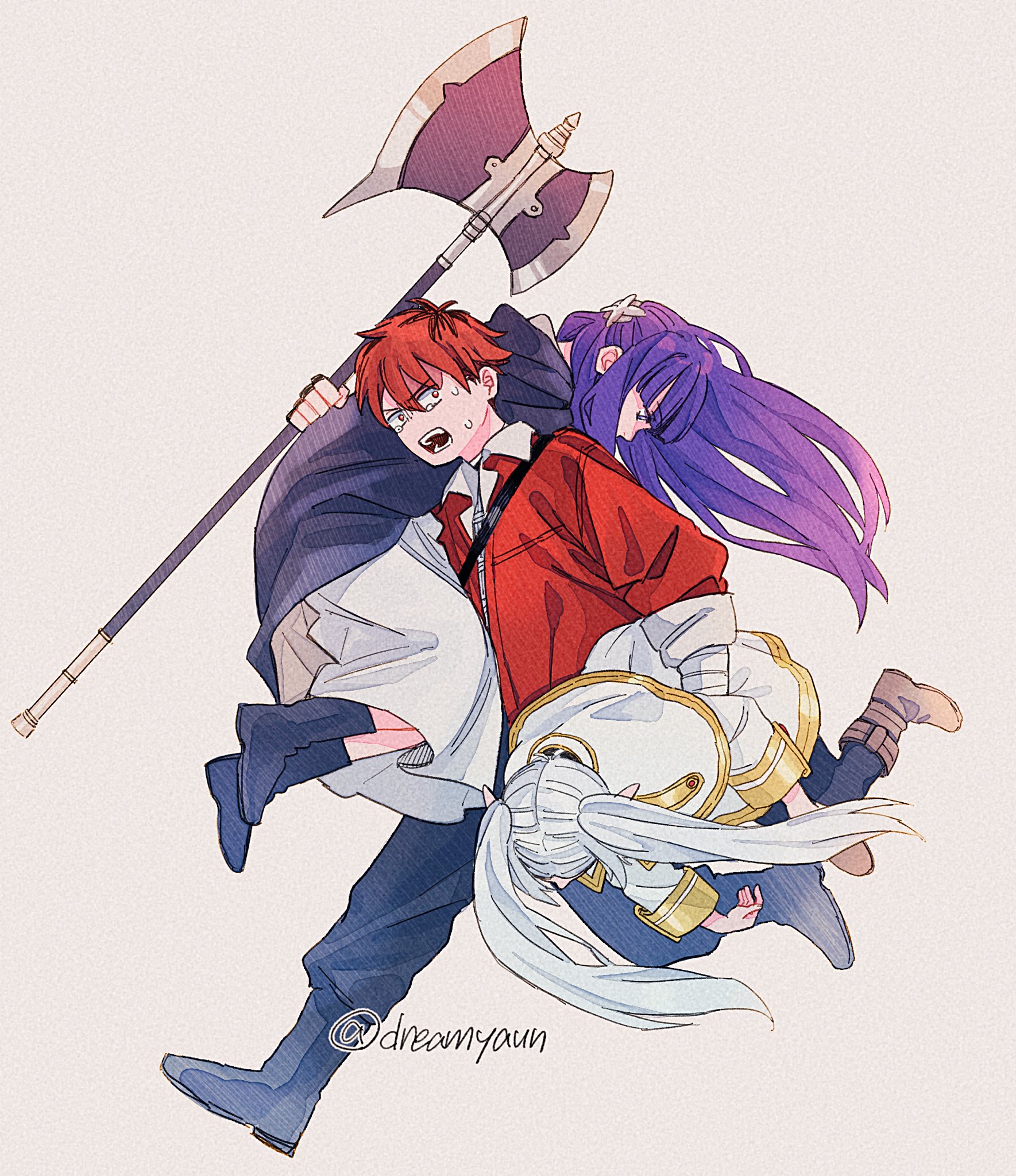 onka (aun ka28), fern (sousou no frieren), frieren, stark (sousou no frieren), sousou no frieren, commentary request, highres, 1boy, 2girls, axe, battle axe, black boots, black pants, black pantyhose, boots, brown boots, brown hair, capelet, carrying, carrying over shoulder, carrying person, carrying under arm, dress, grey hair, half updo, holding, holding axe, jacket, long dress, long hair, multicolored hair, multiple girls, open mouth, pants, pantyhose, purple eyes, purple hair, red hair, red jacket, skirt, sweat, twintails, twitter username, two-tone hair, weapon, white capelet, white dress, white skirt