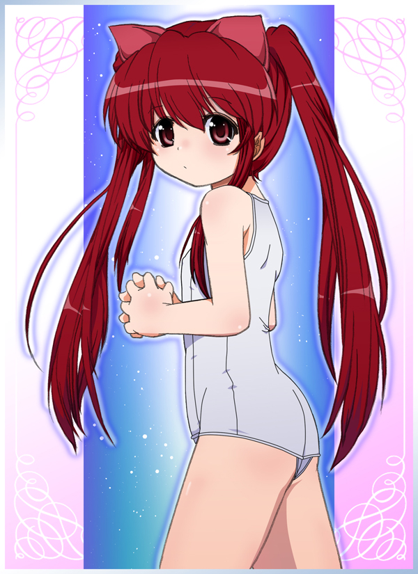 ryuu ryuu, aloe, aloe (quiz magic academy), quiz magic academy, 1girl, covered erect nipples, female focus, flat chest, loli, long hair, one-piece swimsuit, red eyes, red hair, ribbon, school swimsuit, solo, swimsuit, twintails, white one-piece swimsuit, white school swimsuit