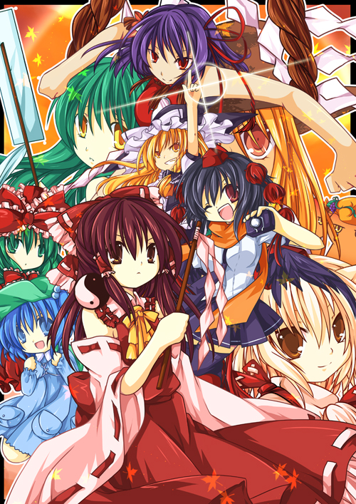 anna (small night), hane (x20285), aki minoriko, aki shizuha, hakurei reimu, inubashiri momiji, kagiyama hina, kawashiro nitori, kirisame marisa, kochiya sanae, moriya suwako, shameimaru aya, yasaka kanako, mountain of faith, touhou, 6+girls, backpack, bag, black hair, black wings, blonde hair, blue eyes, blue hair, bow, braid, brown hair, camera, detached sleeves, female focus, green eyes, green hair, hair ribbon, hat, japanese clothes, leaf, long hair, miko, multiple girls, purple hair, randoseru, red eyes, ribbon, short hair, tokin hat, twintails, wings, witch, witch hat, yellow eyes