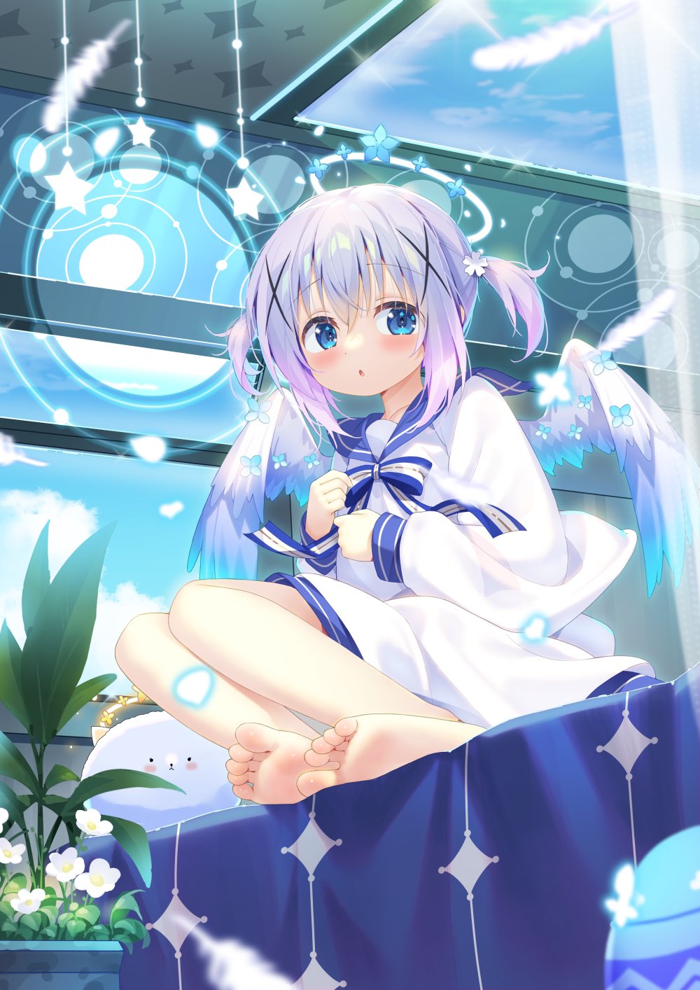 taku michi, kafuu chino, tippy (gochiusa), gochuumon wa usagi desu ka?, commentary request, highres, 1girl, :o, angel, angel wings, angora rabbit, barefoot, blue eyes, blue hair, blue sailor collar, blue wings, crossed bangs, dress, falling feathers, feathered wings, feathers, feet, flat chest, flower, full body, gradient hair, gradient wings, hair between eyes, hair flower, hair ornament, halo, indoors, long sleeves, looking at viewer, multicolored hair, multicolored wings, open mouth, purple hair, rabbit, sailor collar, sailor dress, short hair, short twintails, sidelocks, sitting, soles, solo, toes, twintails, two-tone hair, two-tone wings, white dress, white halo, white wings, wings, x hair ornament
