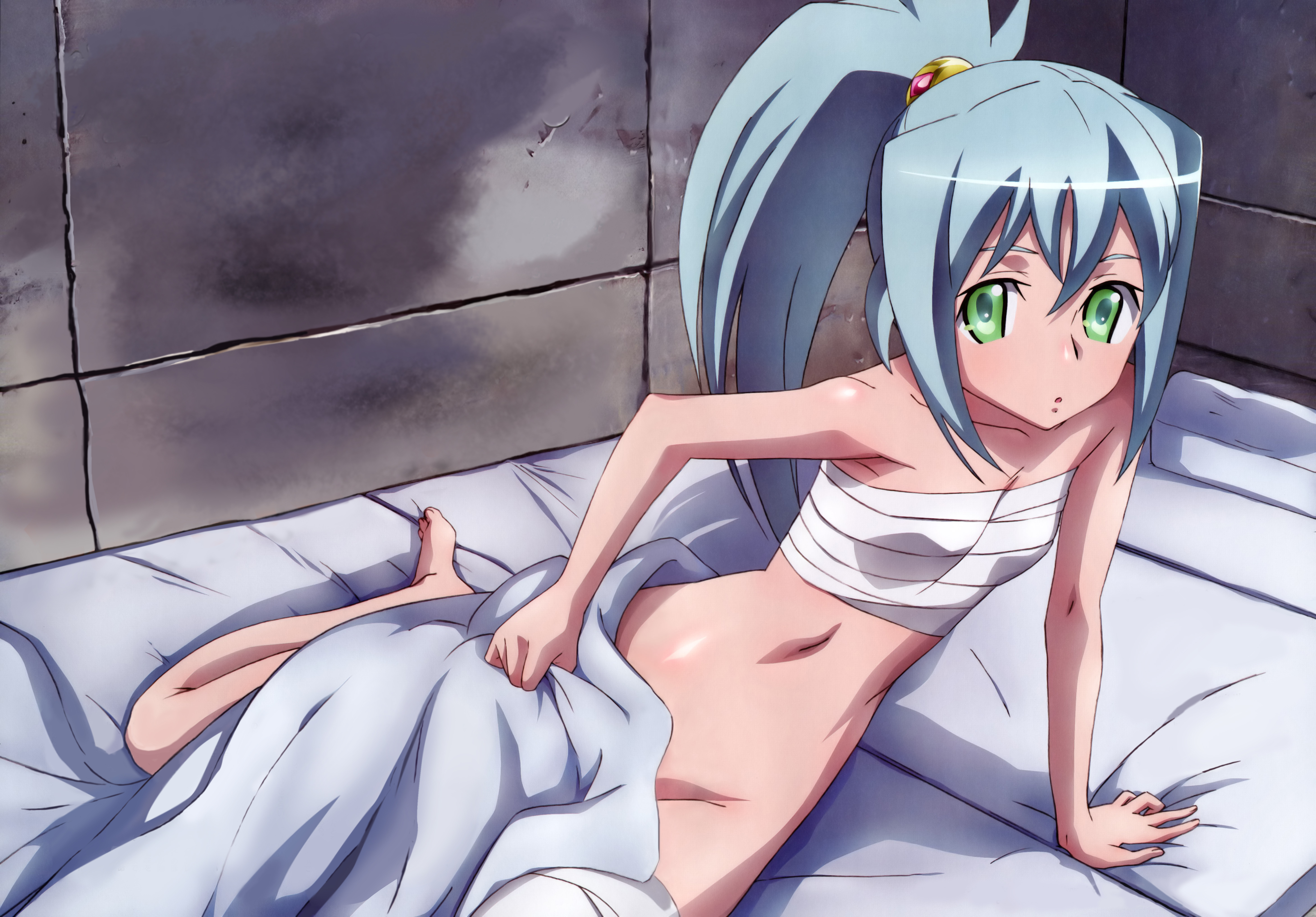kawai honoka, charamel, sora wo kakeru shoujo, absurdres, detexted, highres, third-party edit, 00s, 1girl, :o, arm support, bandages, barefoot, bed, bed sheet, blue hair, female focus, green eyes, looking at viewer, navel, no panties, on bed, ponytail, sarashi, solo